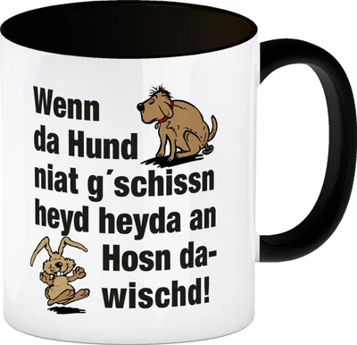 Produktbild von Hund und Hase Kaffeebecher in schwarz mit Spruch Hund gschissn, Hosn dawischd