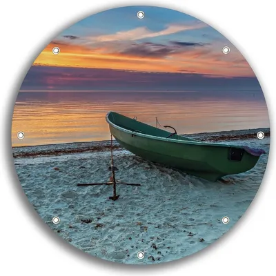 Produktbild von Wallario rundes Outdoor-Poster für Garten oder Balkon, Motiv Einsames Fischerboot mit Anker am Strand, 30 cm Durchmesser
