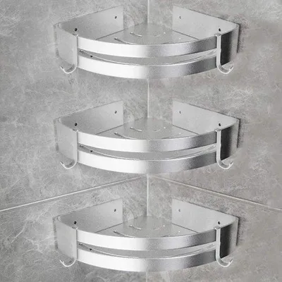 Zdjęcie produktu dla Półka narożna do kabiny prysznicowej Unyqoos® z 3 trójkątnymi koszykami wykonanymi z aluminium, srebrna – 30,5 x 22,5 x 5,5 cm, montaż bez wiercenia, maksymalne obciążenie do 15 kg