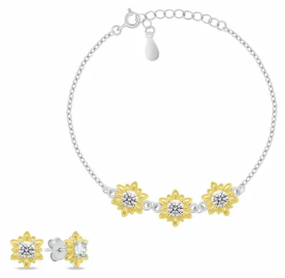 Produktbild von Florales Bicolor-Schmuckset mit Zirkonen SET279WY ( Ohrringe, Armband)