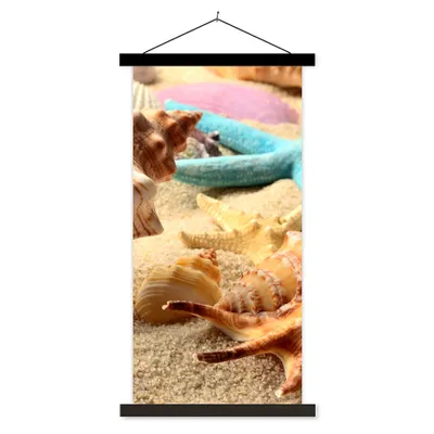 Produktbild von MuchoWow® Textilposter Seesterne - Muscheln - Sand - Strand 60x120 cm mit schwarzem Rahmen - Magnete
