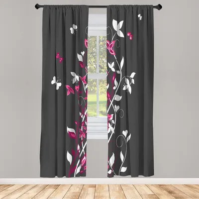 Produktbild von ABAKUHAUS Frühling Vorhänge 2 Panel Set für Wohnzimmer Schlafzimmer Nachbildung, Violette Baum Wirbelnde Persischer Flieder Blüten Mit Schmetterling Zierpflanze Grafik, 150 cm x 245 cm, Kohlengrau