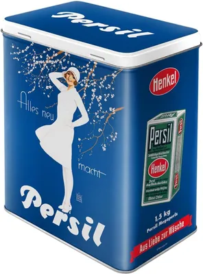 A vintage-style tin can of Persil laundry detergent, featuring an illustration of a woman in a white dress and cherry blossoms.