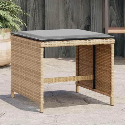 Produktbild von 4er-Set Gartenhocker mit Sitzkissen, Rattan-Fußhocker für den Außenbereich, Beistellhocker für Terrasse und Balkon, 41x41x36 cm, Beigemischung
