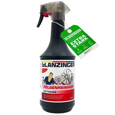 Produktbild von GLANZINGER EXTREME Felgenreiniger 1L – Reiniger für Alufelgen gegen Bremsstaub & Straßenschmutz, KI-generiertes Bild