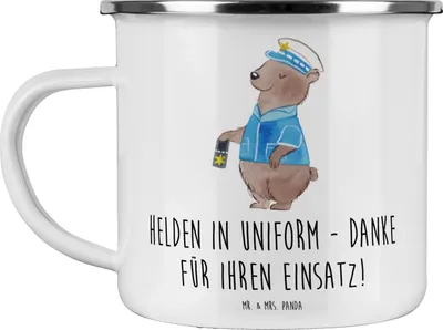 Produktbild von Mr. & Mrs. Panda Teetasse Polizist Held - Weiß - Geschenk, Dankeschön, Aufmerksamkeit, Emaille Tasse, Haferl, Pott, Kaffeepott, Dienst, Bedanken, Teebecher, Dankbarkeit