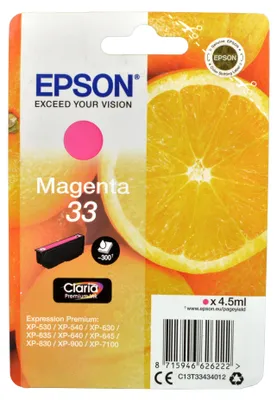 Produktbild von Epson Oranges Singlepack Magenta 33 Claria Premium Ink, Standardertrag, Magenta, Tinte auf Pigmentbasis, 4,5 ml, 1 Stück(e), Einzelpackung