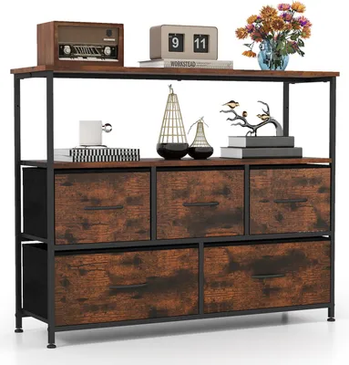 A storage cabinet with drawers and shelves, decorated with various items.