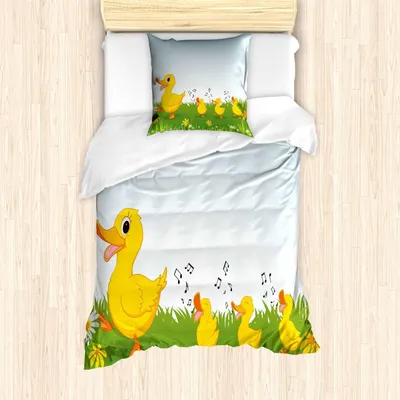 Produktbild von Bettwäsche-Set, Motiv: Ente mit Mutter und Baby, dekoratives 2-teiliges Bettwäsche-Set bestehend aus: 1 Bettdecke, 1 Kissenbezug, 135 cm x 200 cm - 80 x 80 cm, Senfgelb und Hellblau