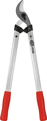 A pair of pruning shears with red handles and silver arms, set against a white background.
