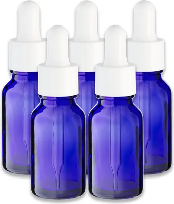 Produktbild von 5x Blaue Glasflasche 15 ml mit weißer Pipette Apothekerflasche 18/415