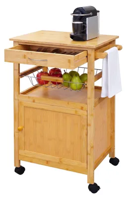 Productafbeelding van Relaxdays Keukenwagen, bamboe, met kastje en mand, voor kruiden en voorraad, afmetingen: 81x47x36 cm, smalle wagen, naturel