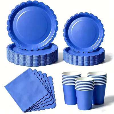 Productafbeelding van Set van 50 Disposable Papieren Borden en Servetten in Saffierblauw