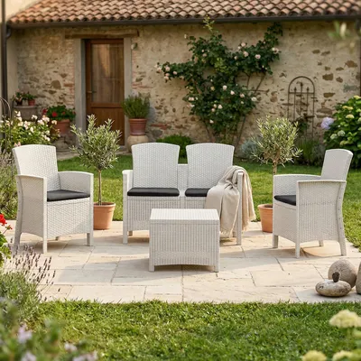 Immagine prodotto di Dmora set Salotto da Esterno Asiak Bianco, 4 Posti Antiurto, Waterproof, 100% Resina Riciclabile, Lavabile  Italy