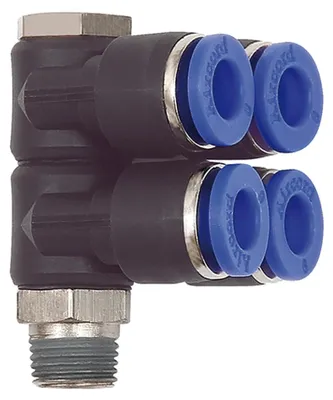 Produktbild von Riegler L-Mehrfachverteiler »Blaue Serie«, 4-fach, drehbar, R 1/4 a. Ø 6mm