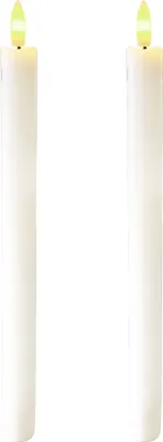 Two white LED taper candles with yellow flames.