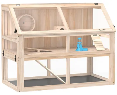 Immagine prodotto di Gabbia per criceti con 3 livelli, ruota e altalena | Colore: legno naturale | Dimensioni: 95x53x76 cm