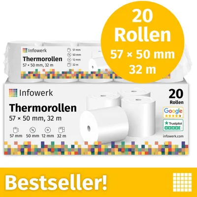 Image de NOUVEAU : Papier thermique pour tickets de caisse / rouleaux de caisse, 20 rouleaux, 57 mm x 50 mm x 12 mm, 32 mètres, produit primé, PEFC, compatible avec EPSON, IBM et autres