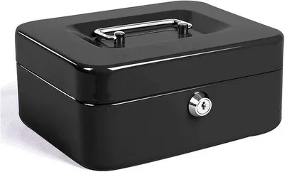 Zdjęcie produktu dla Duża kasetka na pieniądze – z blokadą klawiszy – 2 klucze – czarna – metalowa – 20 x 16 x 9 cm
