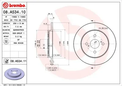 Produktbild von 2x BREMBO Bremsscheibe 08.A534.11 für TOYOTA Yaris Schrägheck (_P9_) 30mm 259mm