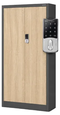 Produktbild von Aktenschrank Metallschrank mit Zahlenschloss Büroschrank Flügeltüren Stahlblech 4 Einlegeböden 185 cm x 90 cm x 40 cm anthrazit / Eiche Sonoma