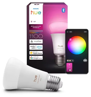 Produktbild von Philips Hue White and Color ambiance A60 – Smarte Lampe E27 – 1100 lm, Intelligentes Leuchtmittel, Bluetooth/Zigbee, Weiß, LED, E27, A19