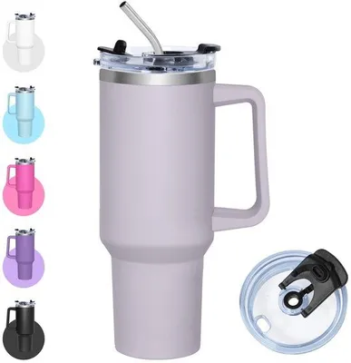 Produktbild von Thermobehälter 1200 ml - Isolierbecher - Mit Trinkhalm/Klappdeckel - Edelstahl - Für kalte und warme Getränke - Mit Griff - Kaffeetasse
