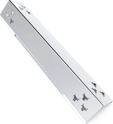 A chrome-colored gas grill burner cover with cut-out cow designs.