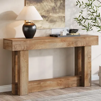 Image de Table console 160 cm, en bois, de couleur chêne clair, rectangulaire, avec espace de rangement