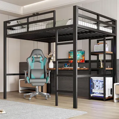 A loft bed with a desk and shelves underneath, set up in a modern room.