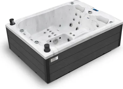 Produktbild von HAF Acryl Whirlpool Emerald "White Marble" | 216x165x78cm für 3 Personen | Winterabdeckung Grau | Outdoor Whirlpool mit LED & Massagefunktion