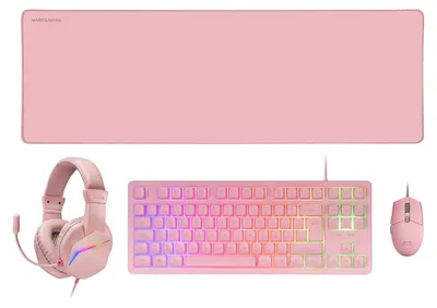Produktbild von Gaming-Tastatur Fixed RGB + Gaming-Maus RGB Flow 3200 DPI + Headset Over-Ear RGB + XXL Mousepad, Pink, Französische Sprache