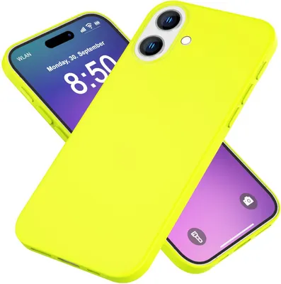 Two neon yellow phone cases are shown, one partially covering a smartphone screen displaying the time and date.