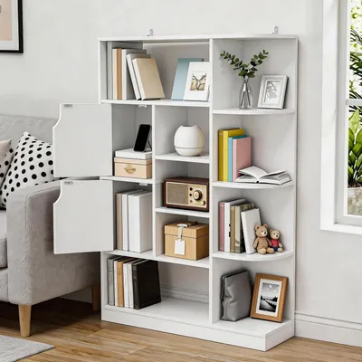 Immagine prodotto di Libreria autoportante con 9 ripiani aperti e 2 ante, colore bianco, dimensioni 80x24x120 cm