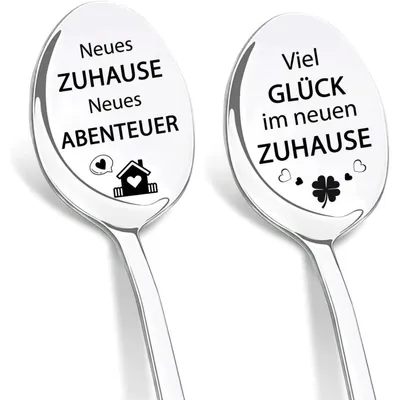 Zdjęcie produktu dla Zestaw dwóch łyżeczek do kawy z grawerem "Życzymy szczęścia w nowym domu", wykonanych ze stali nierdzewnej, długość 19 cm