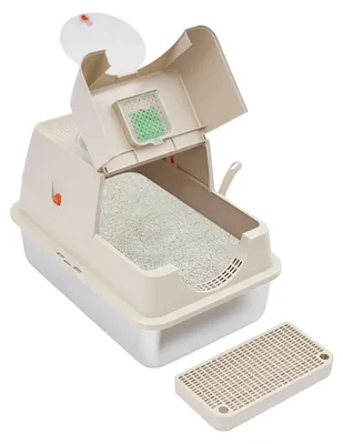 Image de Bac à litière pour chat, design moderne et fermé, pédale d'accès facile, kaki