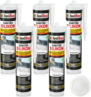 Produktbild von Isolbau Sanitär Silikon 5 x 300 ml Transparent - Hochelastischer Silikon-Dichtstoff für Abdichtungen & Fugen – Schimmelresistent, wasserdicht -  Kartusche