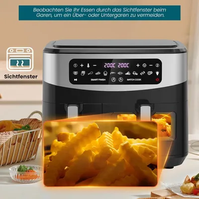 Produktbild von Doppelter Heißluftfritteuse mit Sichtfenster, 10L(4Lx6L) 2600W Kapazität Doppel Airfryer, 12-in-1 Programme, Air Fryer mit Touchscreen, DualZone Pro