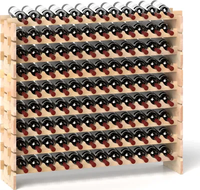 A wooden wine rack filled with red wine bottles.