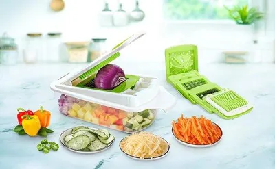 Produktbild von Famanu Gemüseschneider - Multifunktionale Küchengeräte mit verschiedenen Messern - mit Schale - Mandoline - Zwiebelschneider