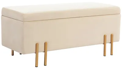 Image de Banc avec rangement - Banc rembourré - Aspect velours - Rembourrage - Pieds en métal - 100 x 40 x 42 cm - Beige
