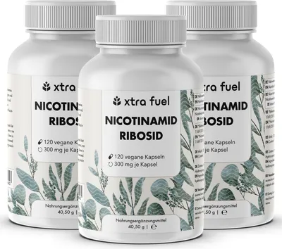 Produktbild von Nicotinamid Ribosid 300 - NAD+ Vorstufe - Niacin für Zell-Energie und Vitalität* – 3x Dosen (360x NR-Chlorid Kapseln)