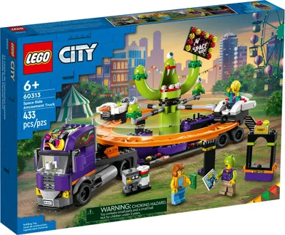 The image shows the packaging of a LEGO City amusement truck set, featuring the truck and the amusement ride.