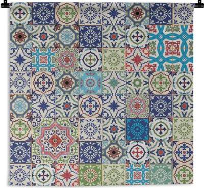 Produktbild von MuchoWow® Wandteppich Wandbehang Blumen - Muster - Grün - Blau 60x60 cm Tapisserie Dekoration Wandtuch - Dekorationen - Wand Decke