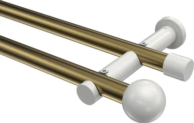 Produktbild von Interdeco Gardinenstange / Vorhangstange Messing Antik / Weiß, Typ Platon Luino (Kugel) ohne Ringe, 20 mm Ø 2-läufig, 200 cm
