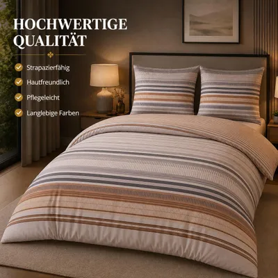 Produktbild von Bettwäsche Renforcé 135x200cm 4-tlg Set Grau Beige Gestreift mit Reißverschluss