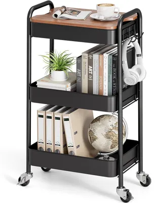 Immagine prodotto di Carrello a 3 ripiani, nero, con piano in legno. Struttura metallica a 3 livelli, capacità di carico: 60 kg