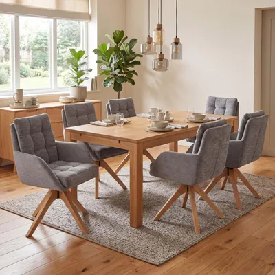 Immagine prodotto di Set da 6 sedie da sala da pranzo HWC-Q36, sedie da cucina, girevoli, tessuto in ciniglia (680 g/m²),  Oeko-Tex, legno MVG ~ grigio