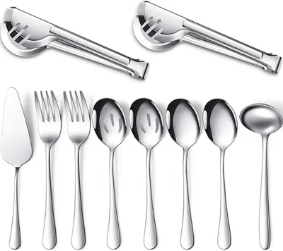 Produktbild von 10 Stück Servierutensilien Set, Edelstahl Besteck Set Inklusive Großem Löffel Schlitzlöffel Gabel Zange Suppen Schöpflöffel Kuchenheber Catering