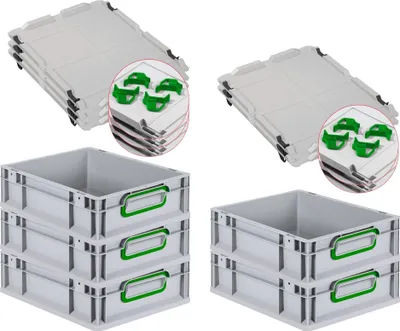 Produktbild von SparSet 5x Eurobox NextGen Color mit Auflagedeckel und Schiebeschnappverschlüsse | HxBxT 12x30x40cm | 11 Liter | Grau | Griffe grün geschlossen | Glatter Boden | Eurobehälter, Transportbox, Transportbehälter, Stapelbehälter